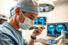 Surgeon in operating room using microscope. Medical professional examining tissue during procedure, with monitors displaying scans in background. Sterile environment, surgical focus.