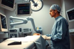 Surgeon in scrubs performs a procedure in an operating room. Focus on medical equipment, sterile environment, and focused attention. Healthcare setting, surgical operation.