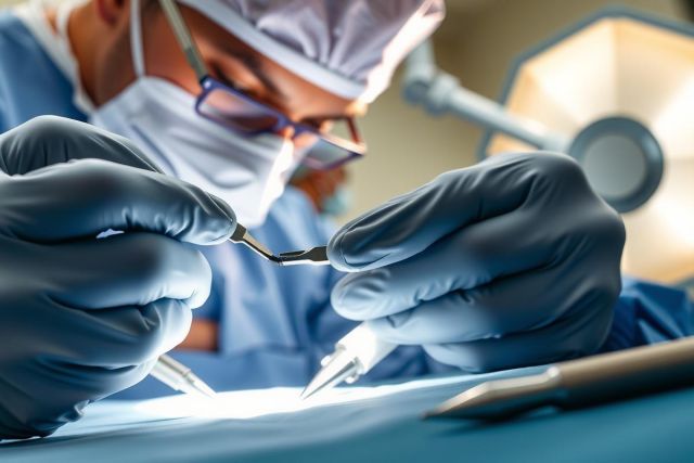 Surgeon performing surgery, wearing gloves and mask. Close-up view of surgical instruments and sterile environment. Medical professional, healthcare, procedure, operating room.