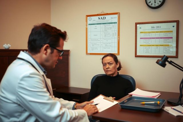 The image depicts a medical consultation room. A doctor, wearing a white lab coat, is examining a patient seated across the desk from him. The doctor appears to be reviewing some papers on the desk while the patient watches attentively.