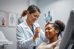 Doctor examining a patient's head in a bright medical clinic. A female healthcare professional wearing a white coat and stethoscope provides care. Anatomy posters are visible in the background, suggesting a focus on health and wellness.