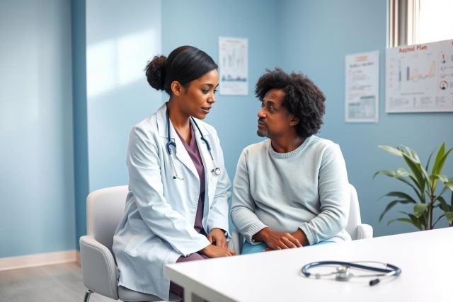 Doctor and patient consultation in a medical office. A female doctor in a white coat speaks with a male patient in a blue sweater. Blue walls, charts, and a stethoscope on a desk create a healthcare setting. Focus on communication and patient care.