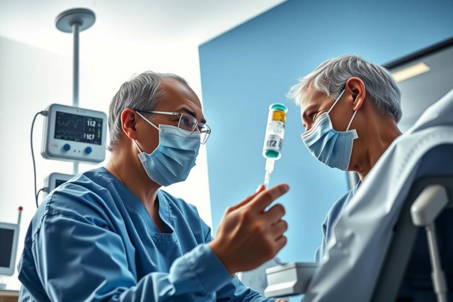 Doctor in scrubs and mask prepares a syringe in a hospital setting. Focus on medical care and patient well-being. Blue background, sterile environment.