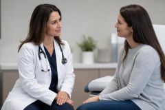 Doctor consulting with patient in a calm clinic exam room, supportive conversational posture.