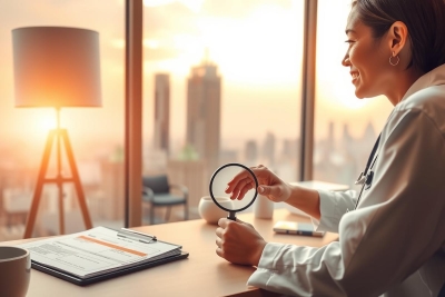 The image shows a professional setting, likely an office or clinic environment. A person is sitting at a desk with a folder open in front of them. They appear to be engaged in work, possibly reviewing documents or making decisions based on the content visible.