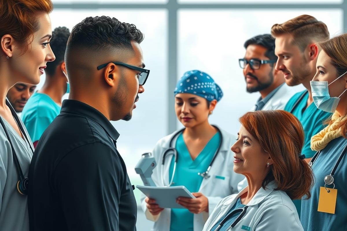 A diverse group of medical professionals wearing white coats, standing in a modern healthcare facility with large windows and natural light. They appear to be engaged in discussion or presentation, indicating a collaborative environment.
