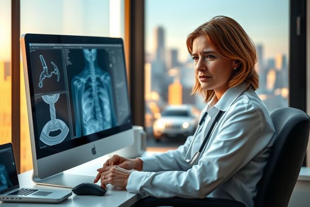 Image of a professional female doctor in white lab coat using a computer with medical imaging displayed on screen, set against a city skyline at dusk.