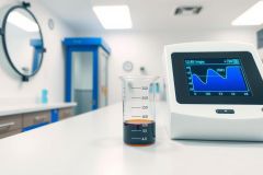 Laboratory scene featuring a red liquid in a beaker and scientific equipment. The environment includes lab benches and a monitor displaying data. A clean and modern setting for scientific analysis.