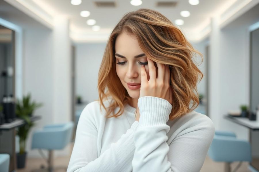 Stylish woman with auburn hair and a modern bob haircut, likely in a salon setting. She's wearing a white sweater and touching her hair, surrounded by light blue styling chairs and a bright, modern interior with recessed lighting. Focus on beauty, hair styling, and salon atmosphere.