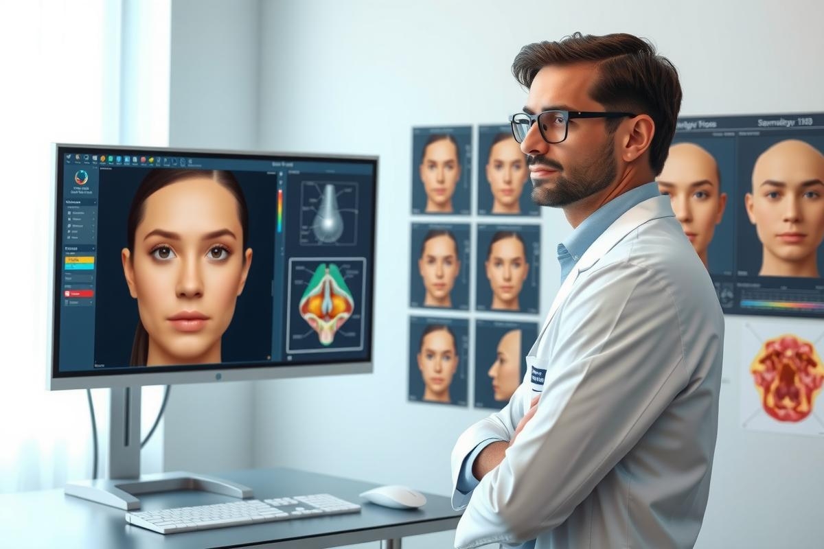 The image portrays a modern medical setting with a physician attentively observing facial recognition software on a computer screen. The environment is clean and well-lit, suggesting a professional and technologically advanced context.