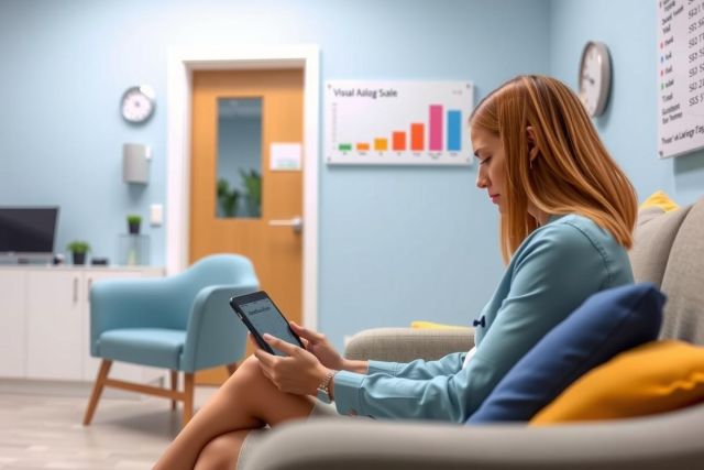 A woman in a modern office environment is seated on a comfortable couch, using her tablet. She's dressed professionally and appears focused on the screen of the tablet. The room around her includes stylish furniture such as a chair, a desk with a computer monitor, and decorative plants. This scene suggests a contemporary workspace designed for comfort and productivity.