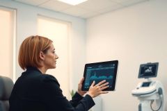 A medical professional examines ultrasound data on a tablet in a clinical setting. The image features advanced diagnostic technology and a focus on healthcare analysis.