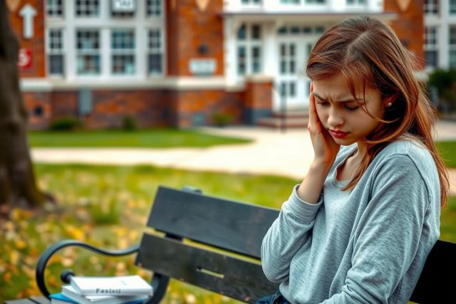 The image shows a young woman sitting on a park bench. She is wearing a long-sleeved top and appears to be in thought or distress, as she has her hand near her face and is looking down. The setting is an urban park with trees and a brick building visible in the background.