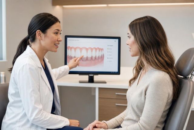 Dentist explaining dental anatomy to a seated patient using a monitor in a modern clinic.