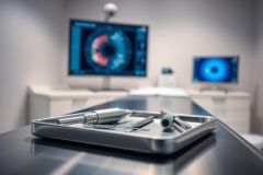 Surgical instruments on a sterile tray in a modern operating room. Blue monitor displays medical data, creating a clinical and professional atmosphere. Focus on precision and healthcare technology.