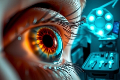 The image shows a close-up view of an eye looking into a brightly lit room with medical equipment. The eye appears to have an abnormality or damage, indicated by the dilated pupil and possibly a damaged iris. The surrounding environment suggests a hospital setting with medical monitors.