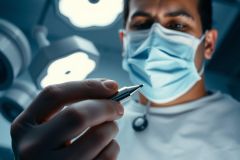 Close-up of a surgeon holding a surgical instrument in an operating room. The scene is brightly lit and focuses on the precision of the medical procedure. White coat, mask, surgical tools, medical environment.