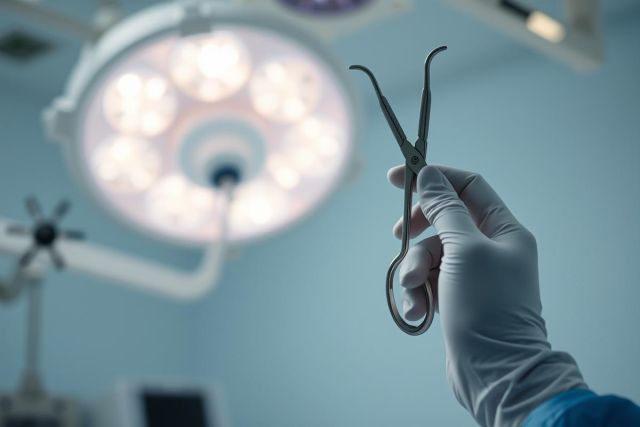 Surgical scene featuring a gloved hand holding surgical forceps in an operating room. Bright overhead surgical lights illuminate the sterile environment with cool blue and white tones, suggesting medical procedures and healthcare settings.