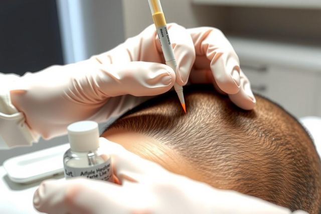 Close-up of a medical professional using a syringe to administer an injection into a person's scalp. The image shows a clinical setting with focus on precision and care. The subject is receiving treatment, likely for hair loss or scalp condition.