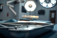 Surgical instruments on a stainless steel tray in an operating room. Focus on medical tools, sterile environment, and blue hues. Represents healthcare and surgical procedures.
