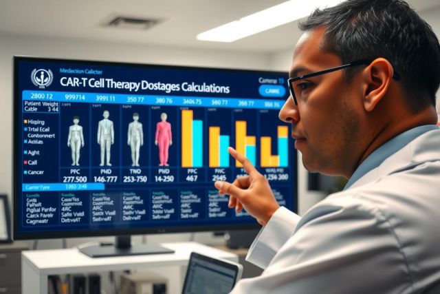 A doctor in a lab coat examines data on a screen displaying cancer treatment charts, likely related to cell therapy dosages. The scene suggests medical research and analysis.