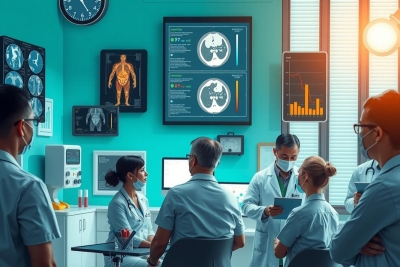 Medical team in control room monitoring patient data on large screens. Collaborative environment with various monitors and tech equipment. High focus on healthcare data analysis.