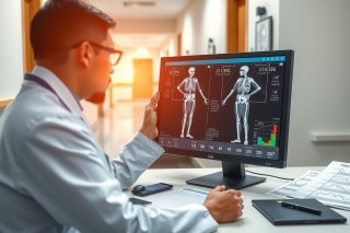 The image portrays a medical professional, presumably a doctor or radiologist, engaged in the analysis of medical images on a large computer screen. The person is seated at a desk equipped with a desktop computer and a variety of medical equipment, suggesting an environment focused on diagnostic assessment and treatment planning. 