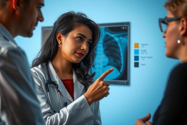 The image depicts a medical setting with three individuals. A female doctor in a white lab coat is standing, pointing at a chest x-ray displayed on a monitor. She's appears to be teaching or explaining something about the patient's case. Two other individuals, possibly nurses, are attentively observing and listening to her explanation.