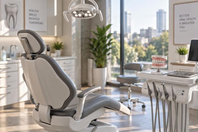 Modern dental operatory with patient chair, dental tools, and tooth model by window.