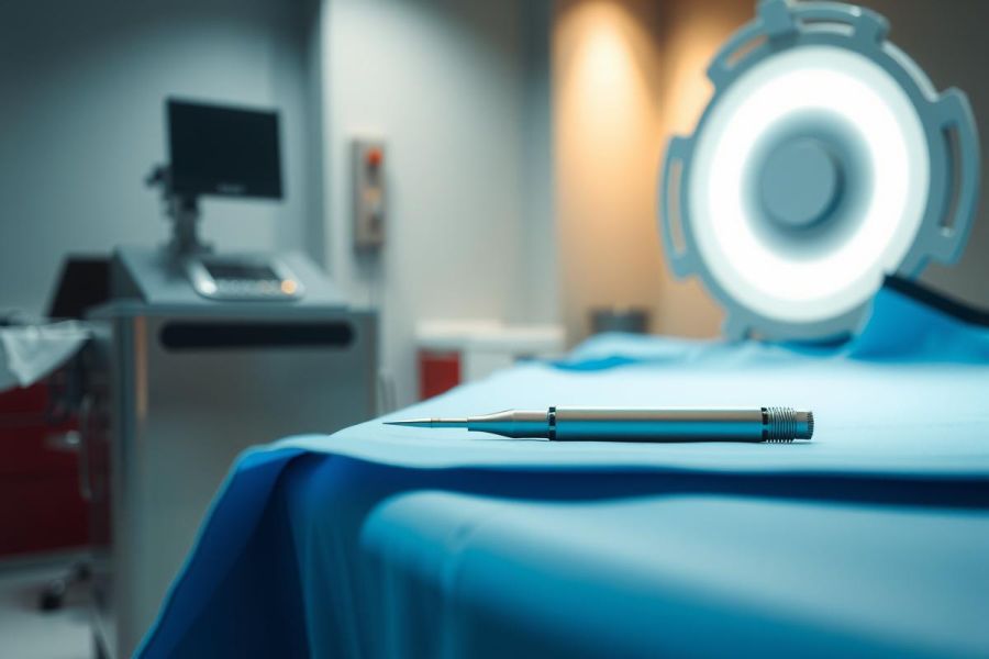 Medical pen on a blue surgical drape in an operating room. Bright surgical lights and medical equipment visible in the background. Healthcare, surgery, and medical theme.