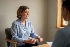 Middle-aged woman during a one-on-one patient consultation, discussing treatment options across a desk.