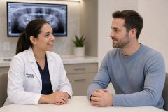 Dental specialist consulting with patient in clinic, panoramic x-ray visible on monitor.