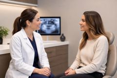 Dentist consulting smiling patient in exam chair with dental X-ray visible on monitor.