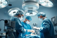 Surgical team performing an operation in a modern operating room. Blue scrubs and masks are visible under bright surgical lights. Focus on medical procedure and healthcare environment. Sterile setting, professional medical staff, surgical instruments.