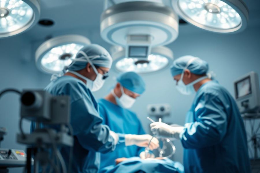 Surgical team performing an operation in a modern operating room. Blue scrubs and masks are visible under bright surgical lights. Focus on medical procedure and healthcare environment. Sterile setting, professional medical staff, surgical instruments.