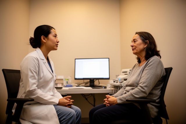 Dentist consulting a patient in a quiet exam room, discussing dental treatment options and costs.