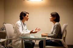 Doctor in white coat explaining treatment options to a seated patient across a glass exam-room table.