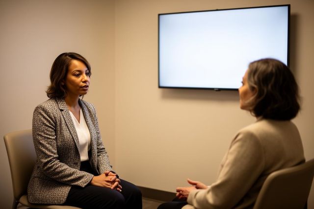 Patient and clinician seated in a private consultation room discussing treatment options and estimated costs.