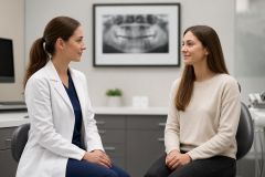 Dentist consulting with patient in a modern dental clinic, panoramic X-ray visible on wall behind.