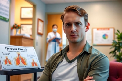 A man in a medical office, leaning forward with his arms crossed, appearing concerned. The office has informational posters and a plant in the background.