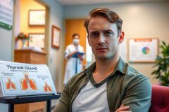 A man in a medical office, leaning forward with his arms crossed, appearing concerned. The office has informational posters and a plant in the background.