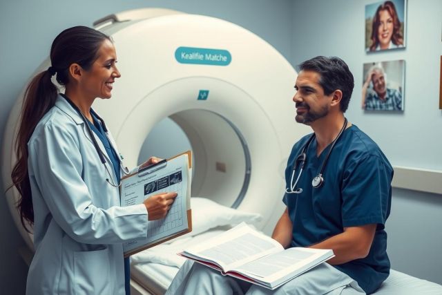 The image shows two doctors in a medical setting. One doctor is seated while the other stands, both wearing white coats and holding clipboards with papers. They are engaged in a conversation, likely discussing a patient's case. Behind them is an MRI machine, indicating that they are either preparing for a scan or have just completed one. The environment suggests a professional healthcare facility.