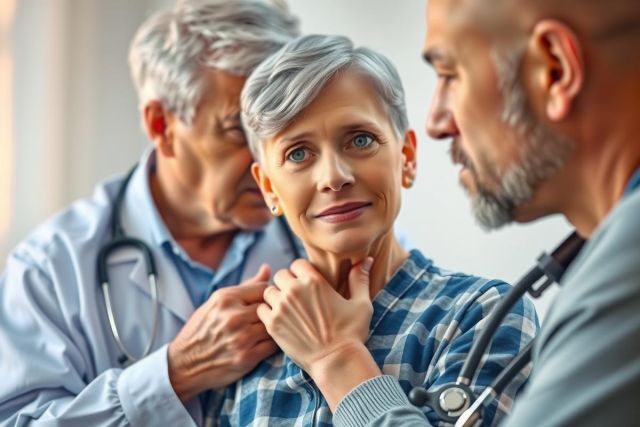 The image depicts a medical setting, possibly a doctor's office or hospital. There are three individuals in the scene; two appear to be doctors and one is a patient who seems to be receiving care. The doctors are dressed in professional attire with stethoscopes around their necks. One doctor is examining the patient.