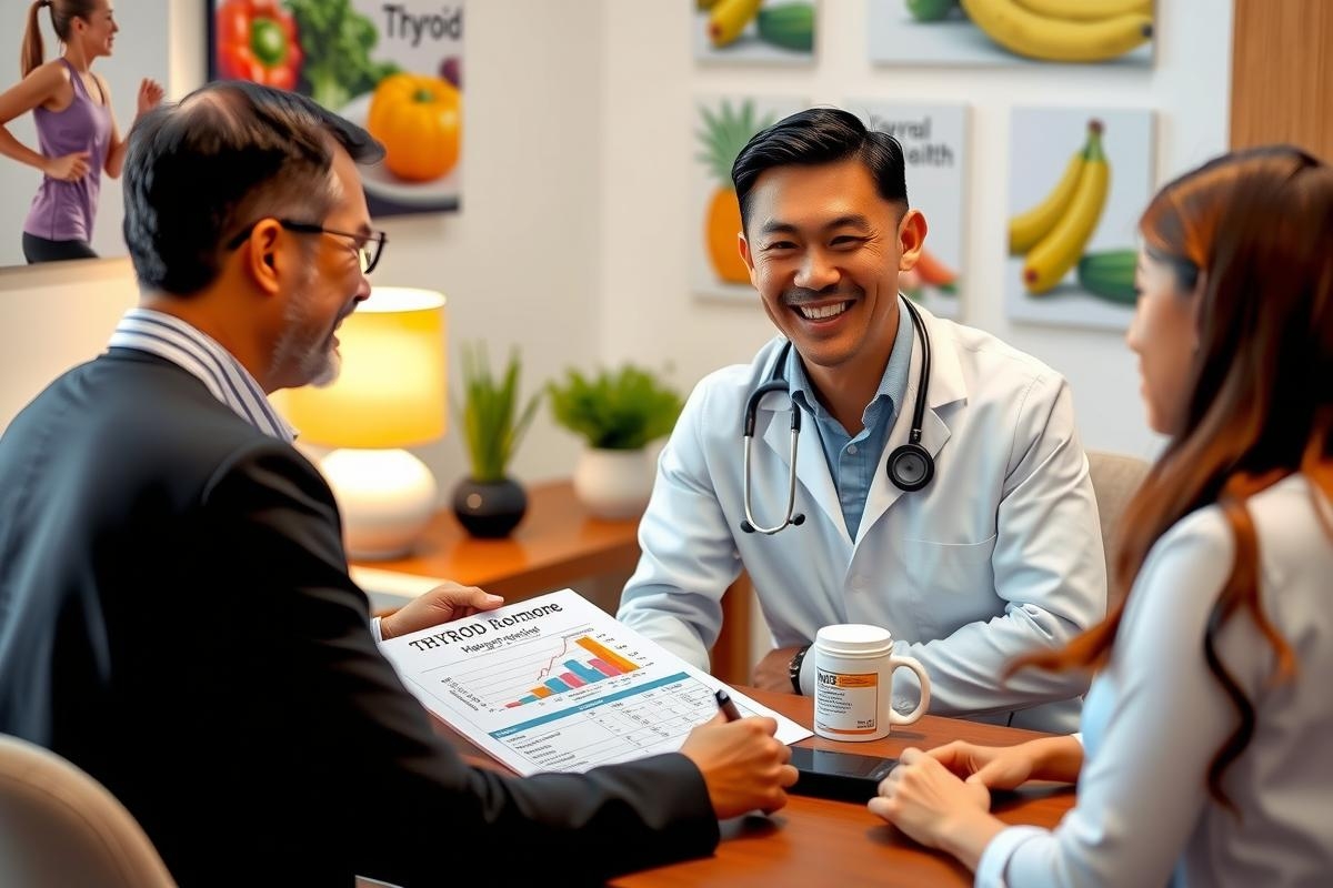 Three people in an office setting, a male doctor in white lab coat smiling at two colleagues. He is discussing paperwork with them, creating a friendly and professional environment.