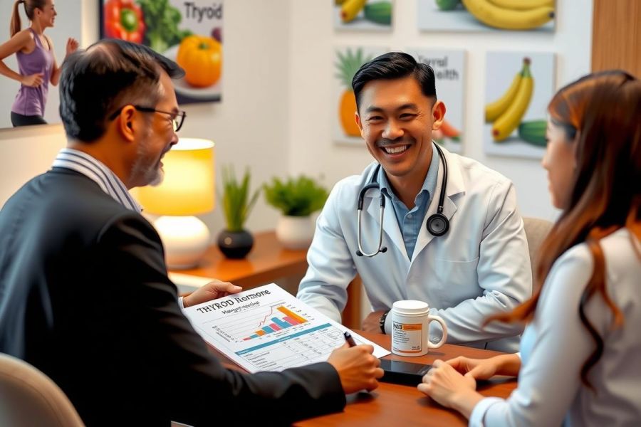 Three people in an office setting, a male doctor in white lab coat smiling at two colleagues. He is discussing paperwork with them, creating a friendly and professional environment.
