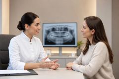 Dentist consulting a patient across a desk with a dental X-ray visible on the monitor.