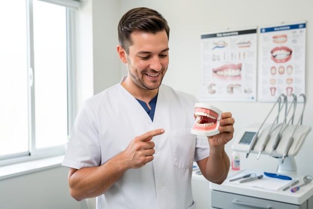 Dentist in a clinic holding and pointing to a dental model while explaining treatment timing and teeth care.