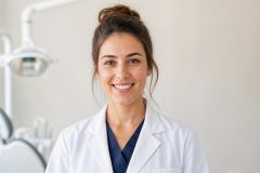 Smiling dentist in white coat standing in dental operatory with chair and light.