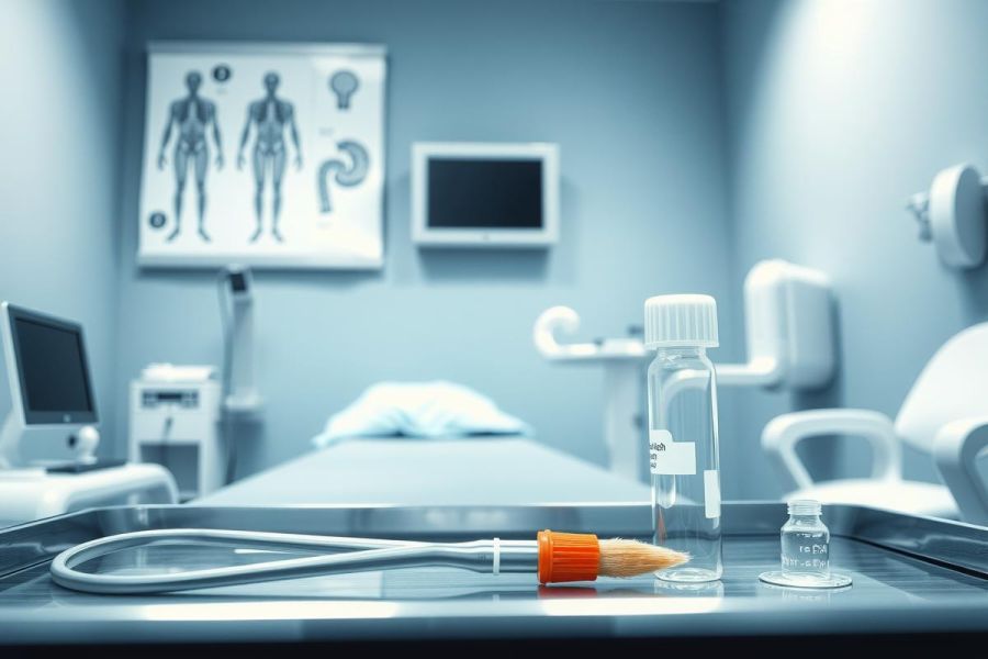 Medical examination room with equipment, including a syringe, bottles, and an ultrasound machine. Clinical setting, blue tones, healthcare theme.