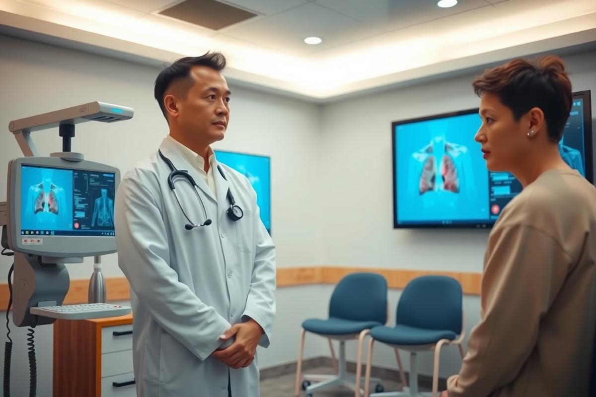 Doctor in white coat examines patient in clinic setting. X-ray display visible. Healthcare professional consultation, diagnostic imaging, medical examination.